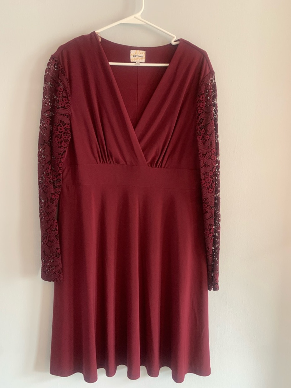 ASHLEY GRAHAM Burgundy Long-Sleeve Lace V-Neck Fit & Flare Dress - XL